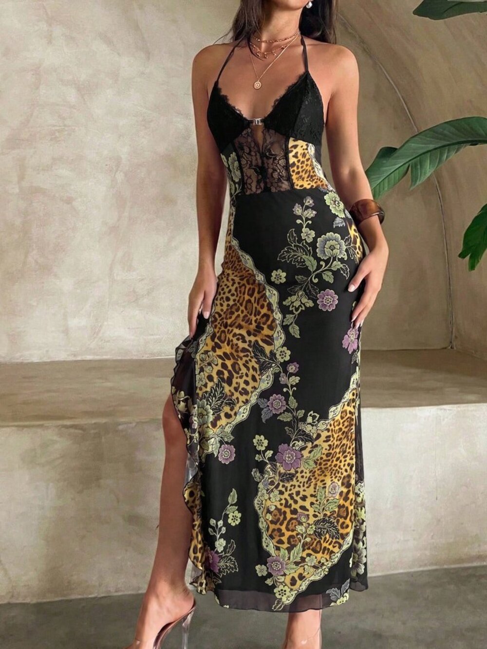 Multicolor Sexy Women's Patchwork Ruffle Hem Slit Dress - Picture 4 of 7